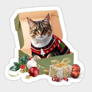 Funny Cat In Box Ugly Christmas Sweater Crazy Cat Sticker